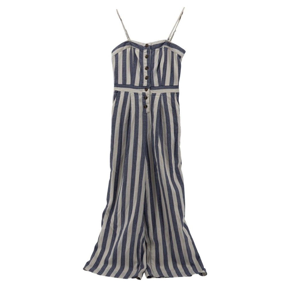 American Eagle Striped Jumpsuit Women XS Blue White Button Front Wide Leg Jumper